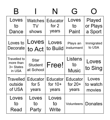 All About Me Bingo Card