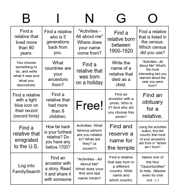Family Search Bingo Card