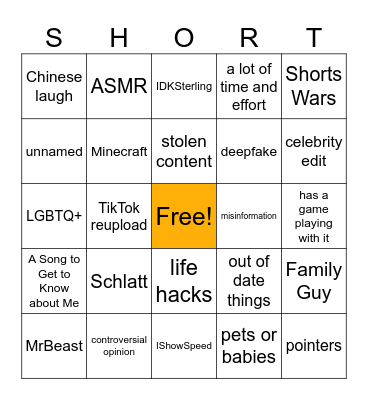 YouTube Shorts Bingo! Bingo Card