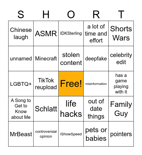 YouTube Shorts Bingo! Bingo Card