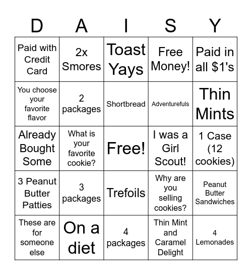 Cookie Booth Bingo Card