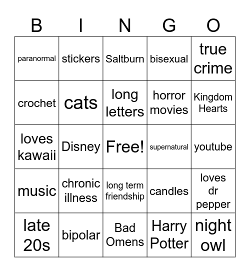 Katie's pen pal bingo Card