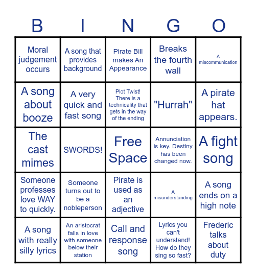 Pirates of Penzance Bingo Card