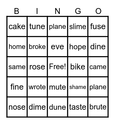 Long Vowel (Silent e) Bingo Card