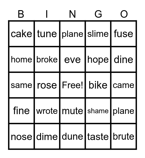 Long Vowel (Silent e) Bingo Card