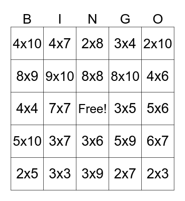 Multiplication Fact Bingo Card