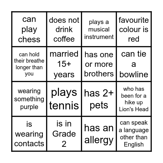 Getting to know you Bingo Card