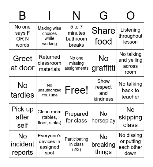 5th 6 weeks Classroom Behavior BINGO Card