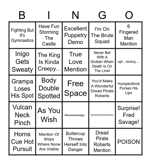 Princess Bride Bingo Card