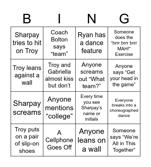 High School Musical Drinking Bingo Card