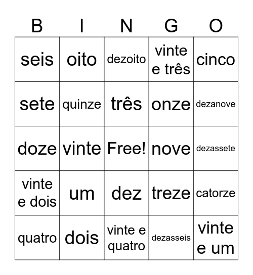 Números em português Bingo Card