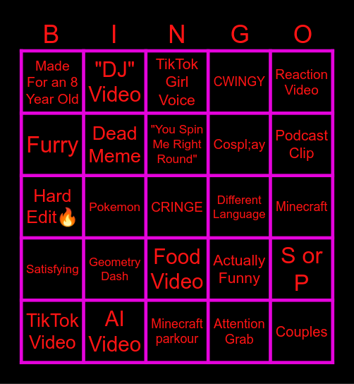 YouTube Shorts Bingo Card
