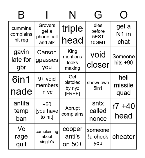 COD 4 SUNDAY Bingo Card