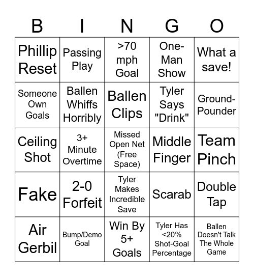 Rocket League Bingo Card