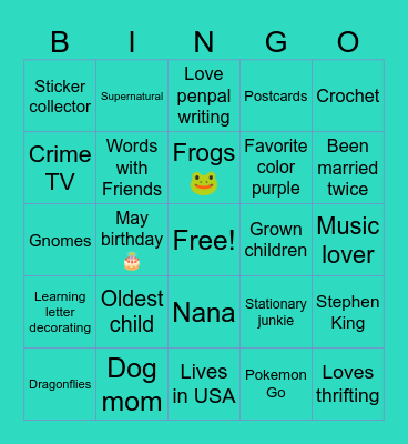 Penpal Bingo Card