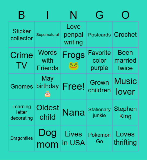 Penpal Bingo Card