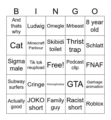Youtube shorts Bingo Card