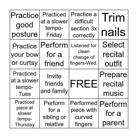 PIANO BINGO Card