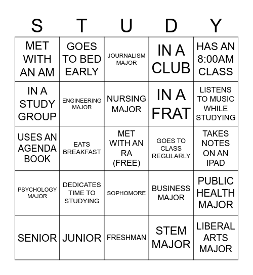 Study Buddy Bingo Card