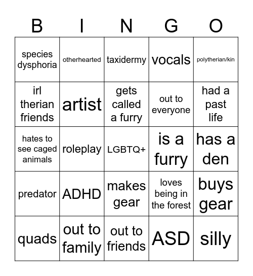 Therian bingo Card