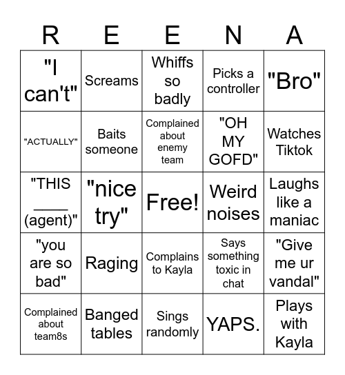 Valorant - Reena Edition Bingo Card