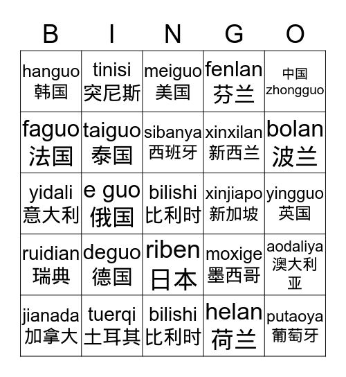 Laender Bingo Card