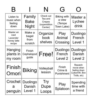 Kaia Activities Bingo Card