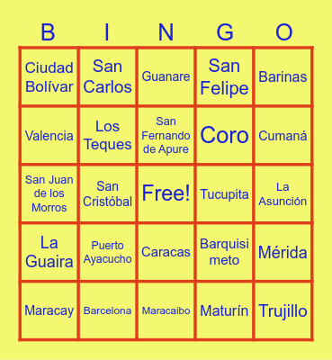 Bingo Estados y Capitales de Venezuela Bingo Card