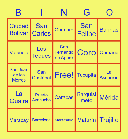 Bingo Estados y Capitales de Venezuela Bingo Card