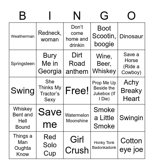 #1  Country Bingo Card