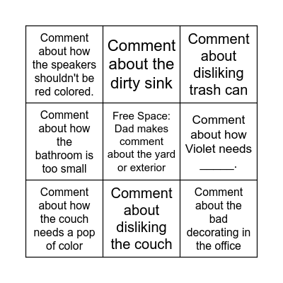 Mom Hates My House Bingo! Bingo Card