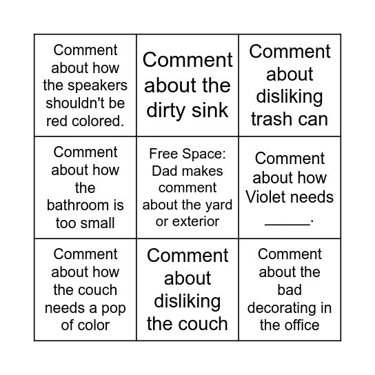 Mom Hates My House Bingo! Bingo Card