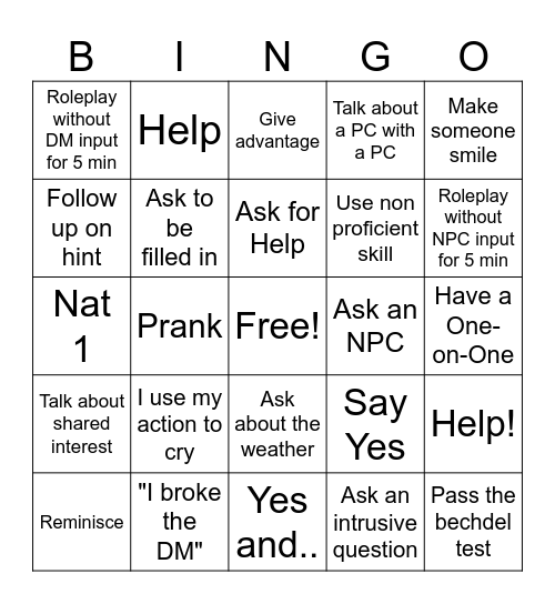 Dungeons and Dragons Bingo Card