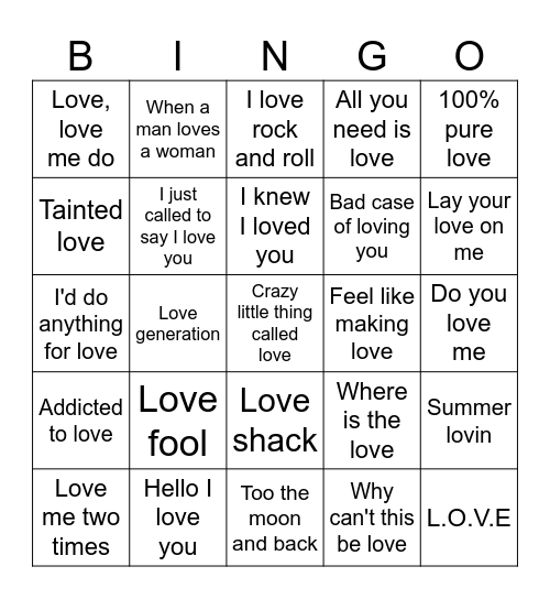 Love Song Bingo Card