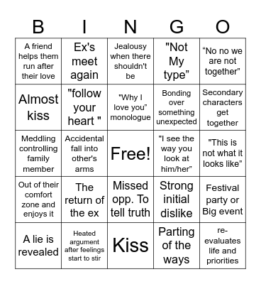 Rom com movie bingo Card