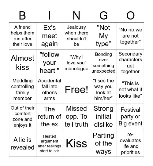 Rom com movie bingo Card