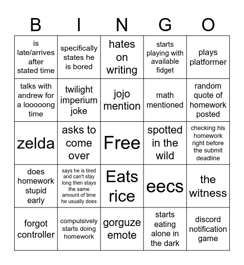 Nolan Bingo Card