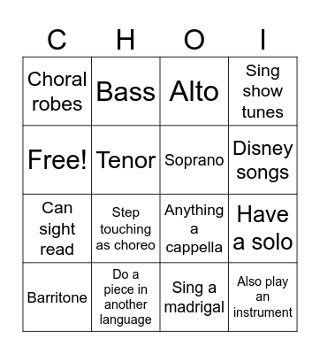 Choir kid bingo Card