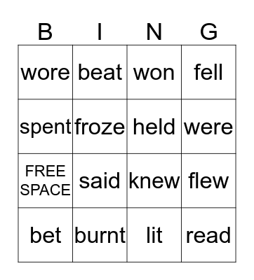 Irregular Verb Bingo Card