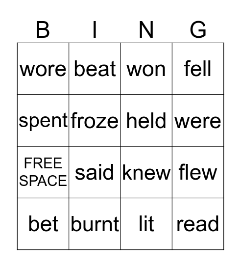 Irregular Verb Bingo Card