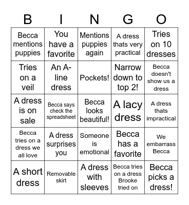 Dress Shopping! Bingo Card