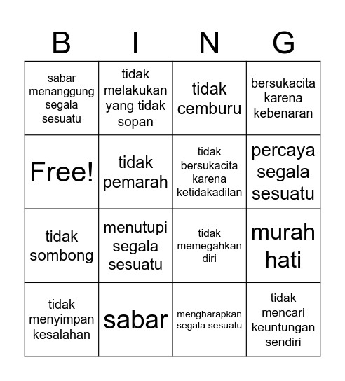 1 Korintus 13 Bingo Card