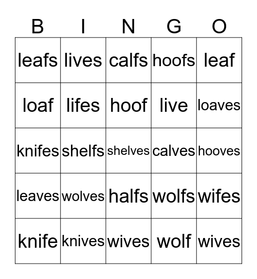 Singular and Plural Bingo Card