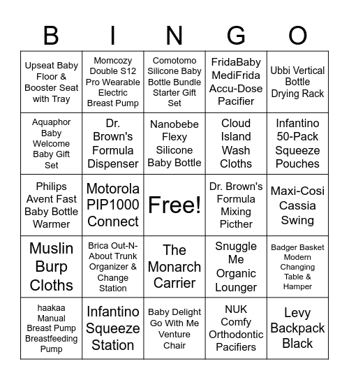 Baby Registry Bingo Card