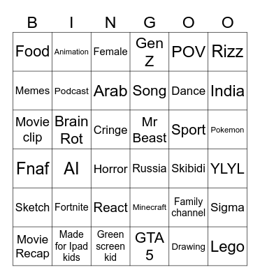 YT shorts Bingo Card