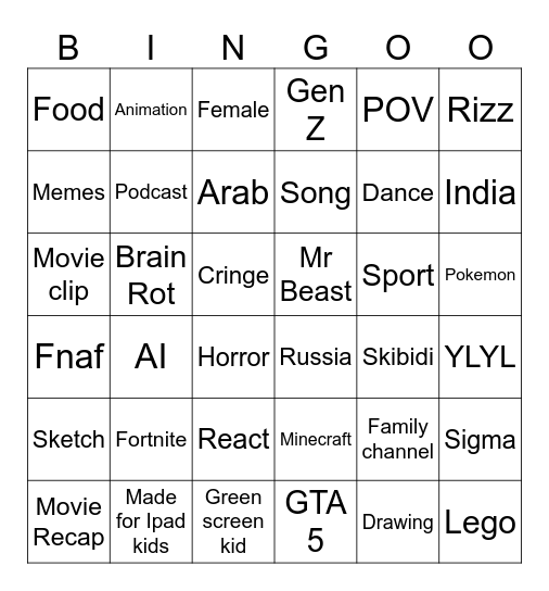 YT shorts Bingo Card