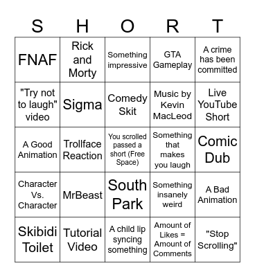 YouTube Shorts Bingo Card
