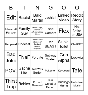 YT Shorts/Tiktok Bingo Card