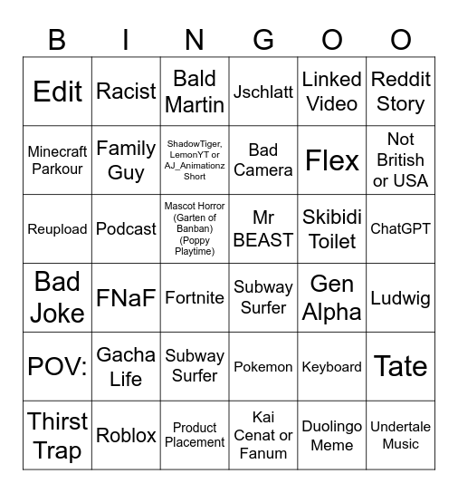 YT Shorts/Tiktok Bingo Card