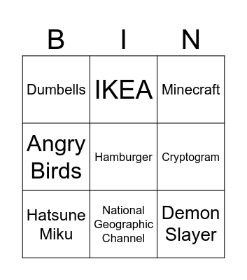 Game 1 Bingo Card